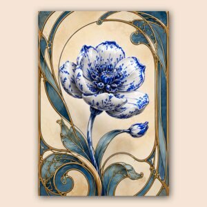 Illustration florale bleue et blanche au style élégant et ornemental
