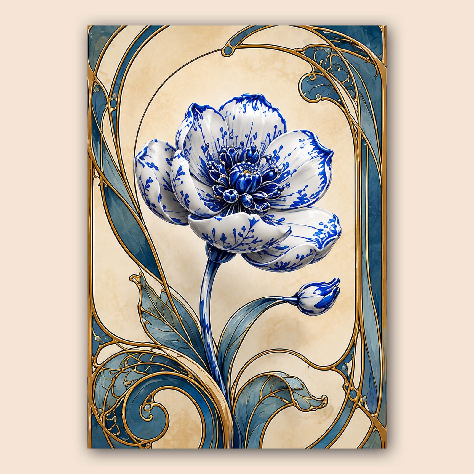 Illustration florale bleue et blanche au style élégant et ornemental