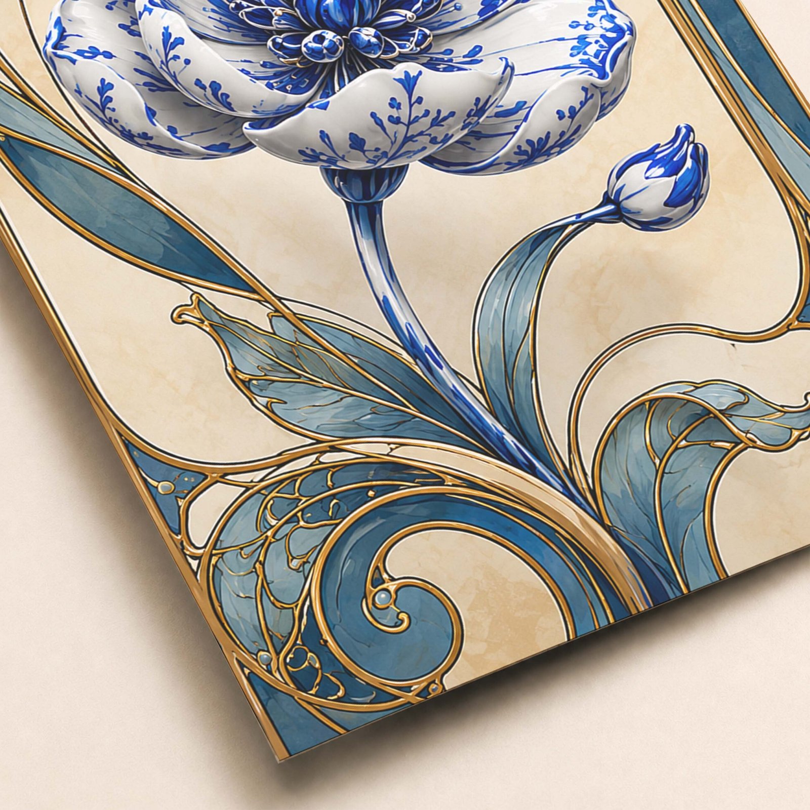 Détail de la fleur stylisée bleue et blanche avec motifs décoratifs