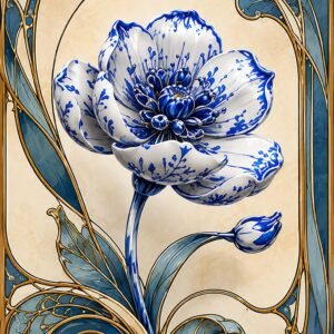 Affiche décorative d'une fleur stylisée bleue et blanche avec ornements dorés