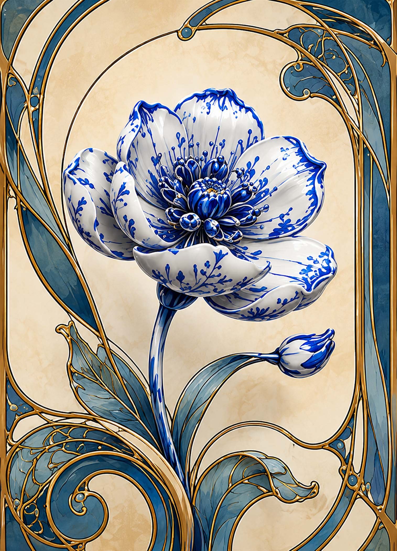 Affiche décorative d'une fleur stylisée bleue et blanche avec ornements dorés