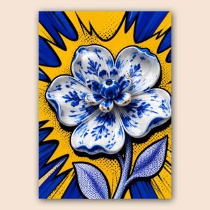 Affiche décorative avec fleur bleue et blanche sur fond jaune