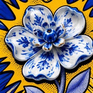 Fleur en céramique bleue et blanche sur fond pop art jaune