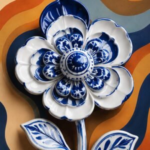 Fleur décorative bleue et blanche sur fond ondulé rétro