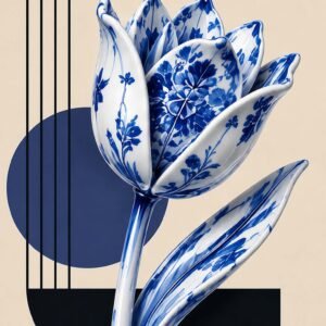 Tulipe en porcelaine bleue sur fond beige avec formes graphiques