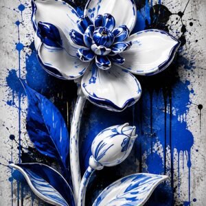 Affiche d'une fleur bleue et blanche au style céramique sur fond noir et bleu