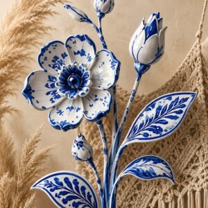 Affiche de fleurs décoratives bleues et blanches au style faïence