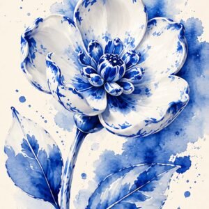 Fleur bleue en aquarelle avec pétales blancs et feuilles bleues