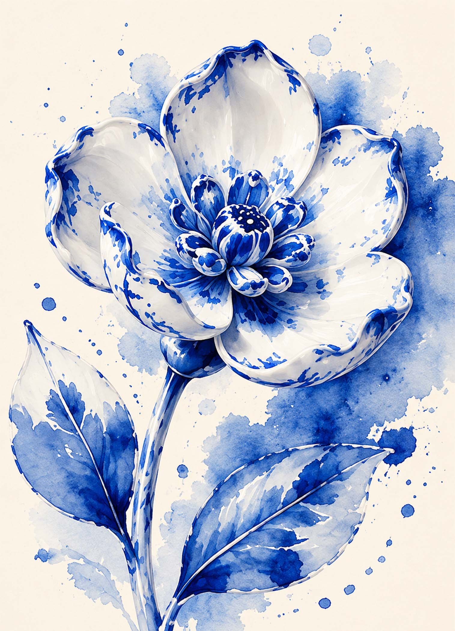 Fleur bleue en aquarelle avec pétales blancs et feuilles bleues