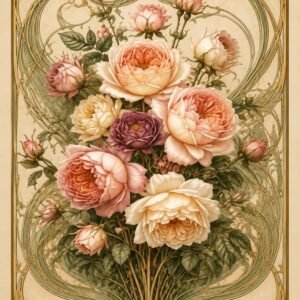 Affiche florale vintage avec bouquet de fleurs roses et crème sur fond beige ornemental