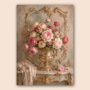 Nature morte florale romantique avec vase doré et fleurs roses