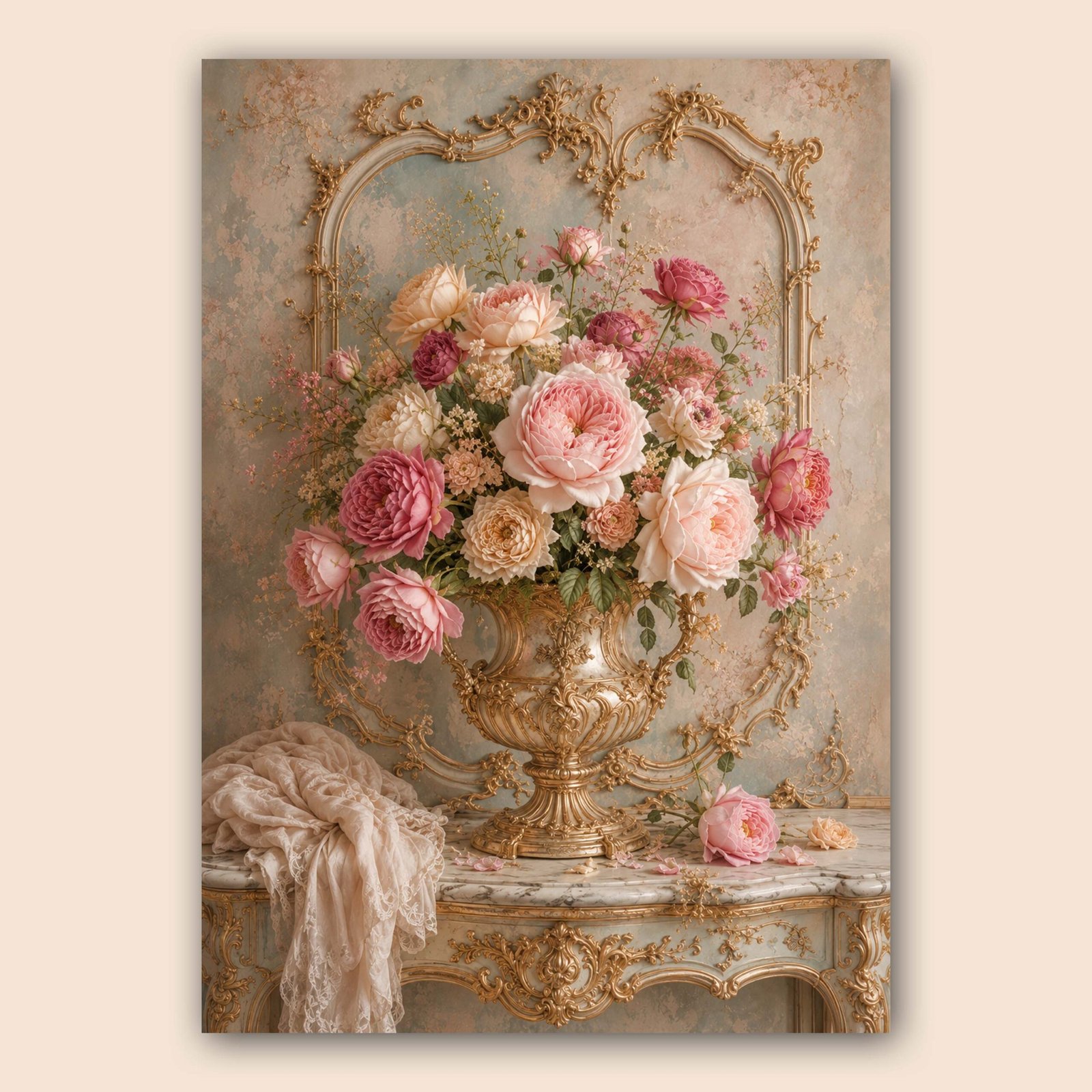 Nature morte florale romantique avec vase doré et fleurs roses