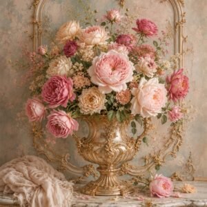 Bouquet de pivoines et roses roses dans un vase doré sur fond décoratif ancien