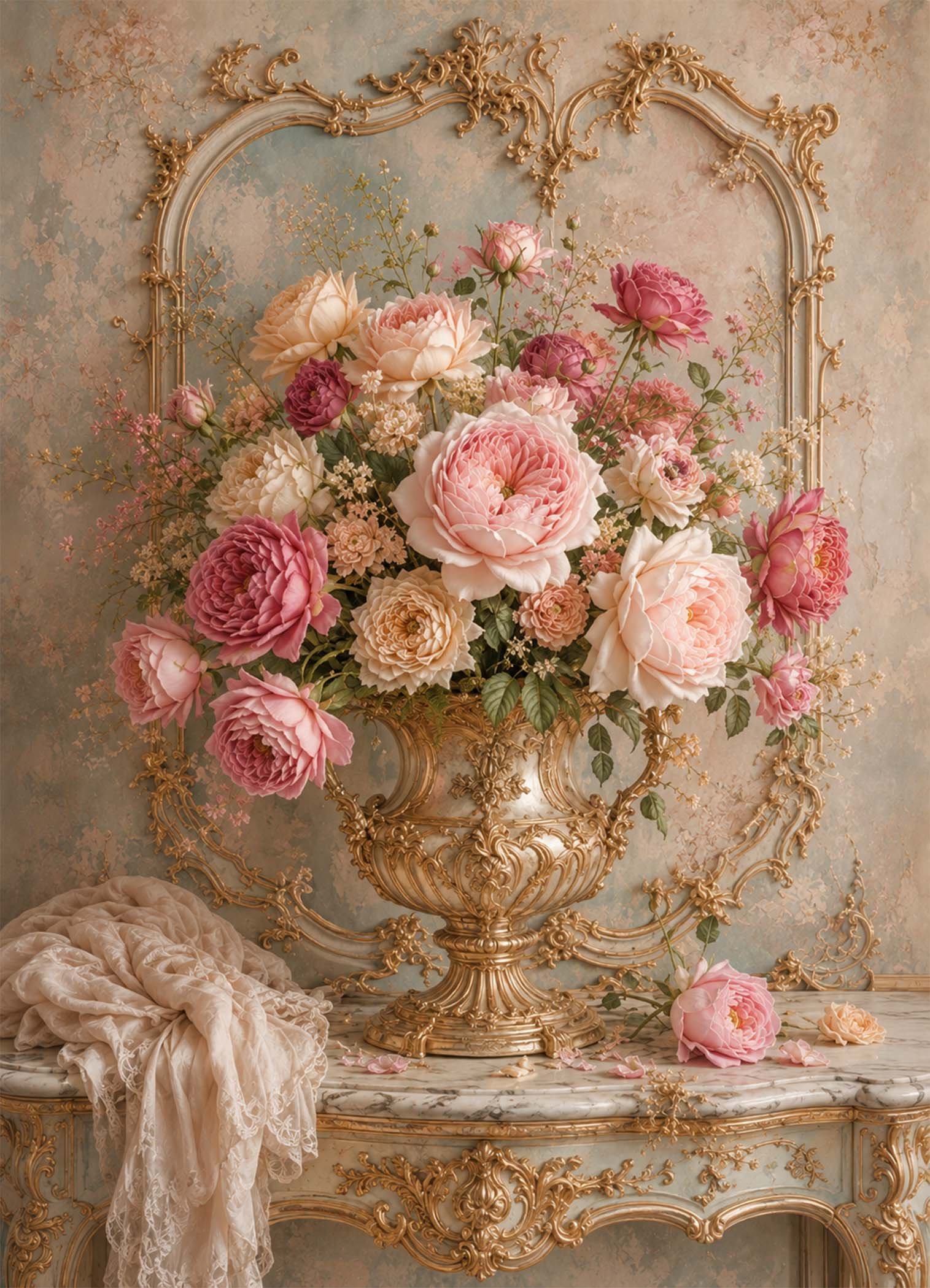 Bouquet de pivoines et roses roses dans un vase doré sur fond décoratif ancien