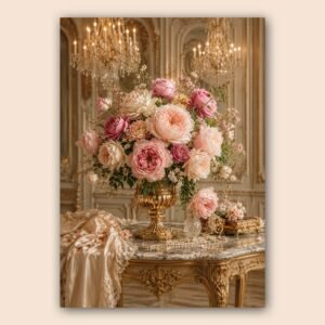 Composition florale rose et crème dans un intérieur élégant aux détails dorés