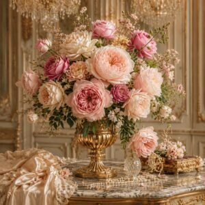 Bouquet de fleurs roses et crème dans un vase doré, décor élégant et romantique