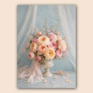 Composition florale pastel avec vase décoratif et fond bleu clair