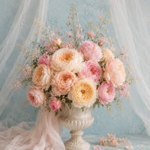 Bouquet de fleurs pastel dans un vase décoratif sur fond bleu clair