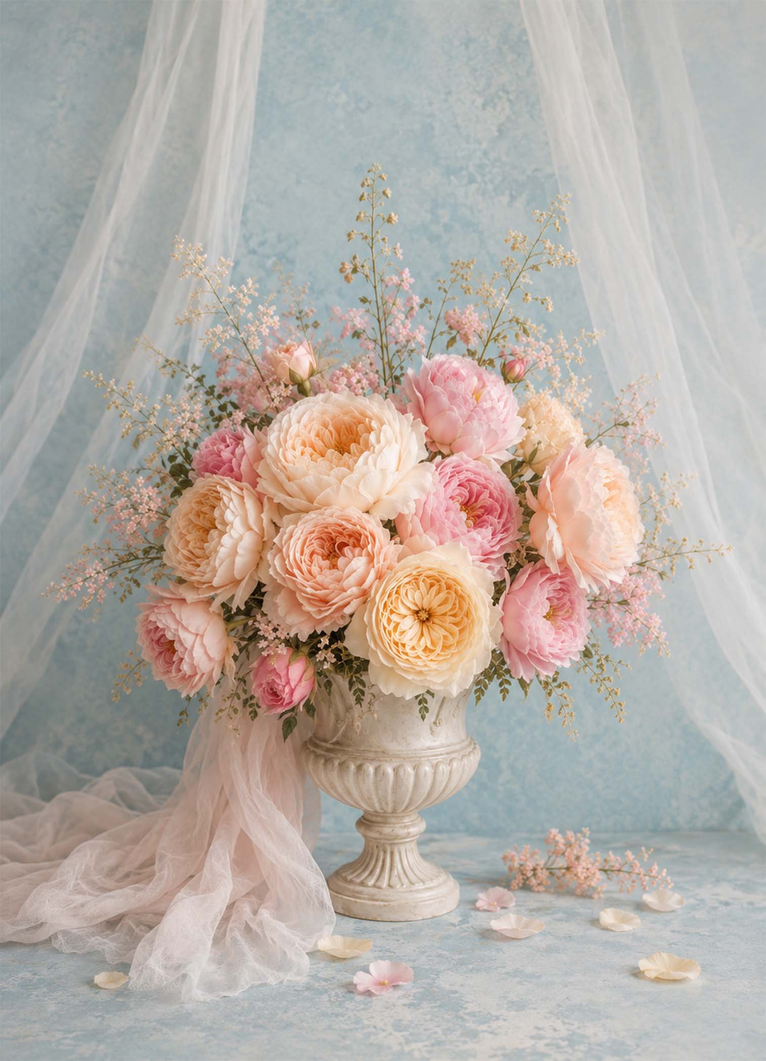Bouquet de fleurs pastel dans un vase décoratif sur fond bleu clair