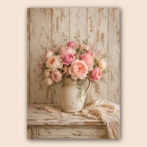 Composition florale rose dans un pichet ancien