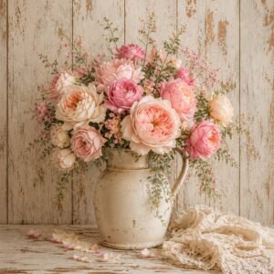 Bouquet de fleurs roses dans un pichet vintage sur fond patiné
