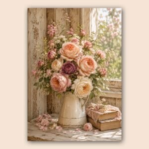 Composition florale romantique avec roses poudrées, crème et mauve dans un vase vintage