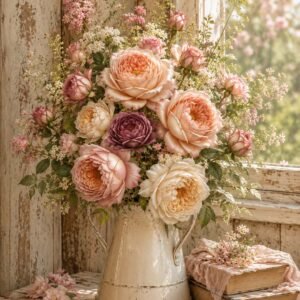 Bouquet de fleurs romantiques dans un vase vintage aux tons rose poudré et crème