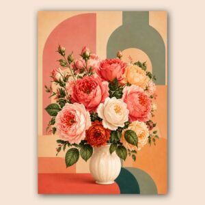 Composition florale décorative avec bouquet de roses et fond graphique