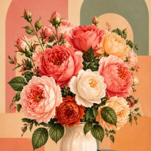 Bouquet de fleurs corail et rose dans un vase sur fond graphique rétro