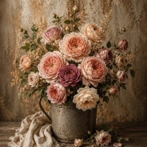 Bouquet de roses poudrées dans un seau en métal patiné