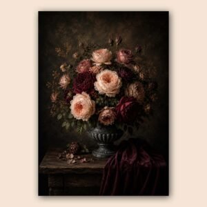 Composition florale sombre avec roses et vase ancien