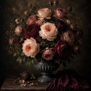 Bouquet de roses sombres dans un vase ancien sur fond sombre