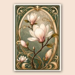 Illustration florale de magnolia avec arabesques dorées