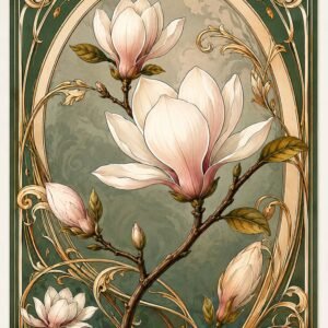 Affiche florale de magnolia sur fond vert sauge avec ornements dorés