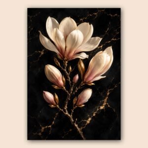 Illustration de magnolia sur fond noir et or