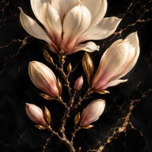 Affiche florale de magnolia sur fond noir marbré avec veines dorées