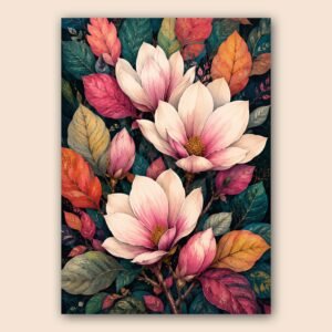 Composition florale de magnolias roses et feuilles colorées