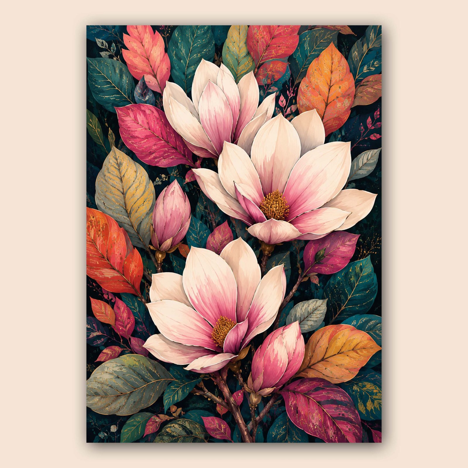 Composition florale de magnolias roses et feuilles colorées