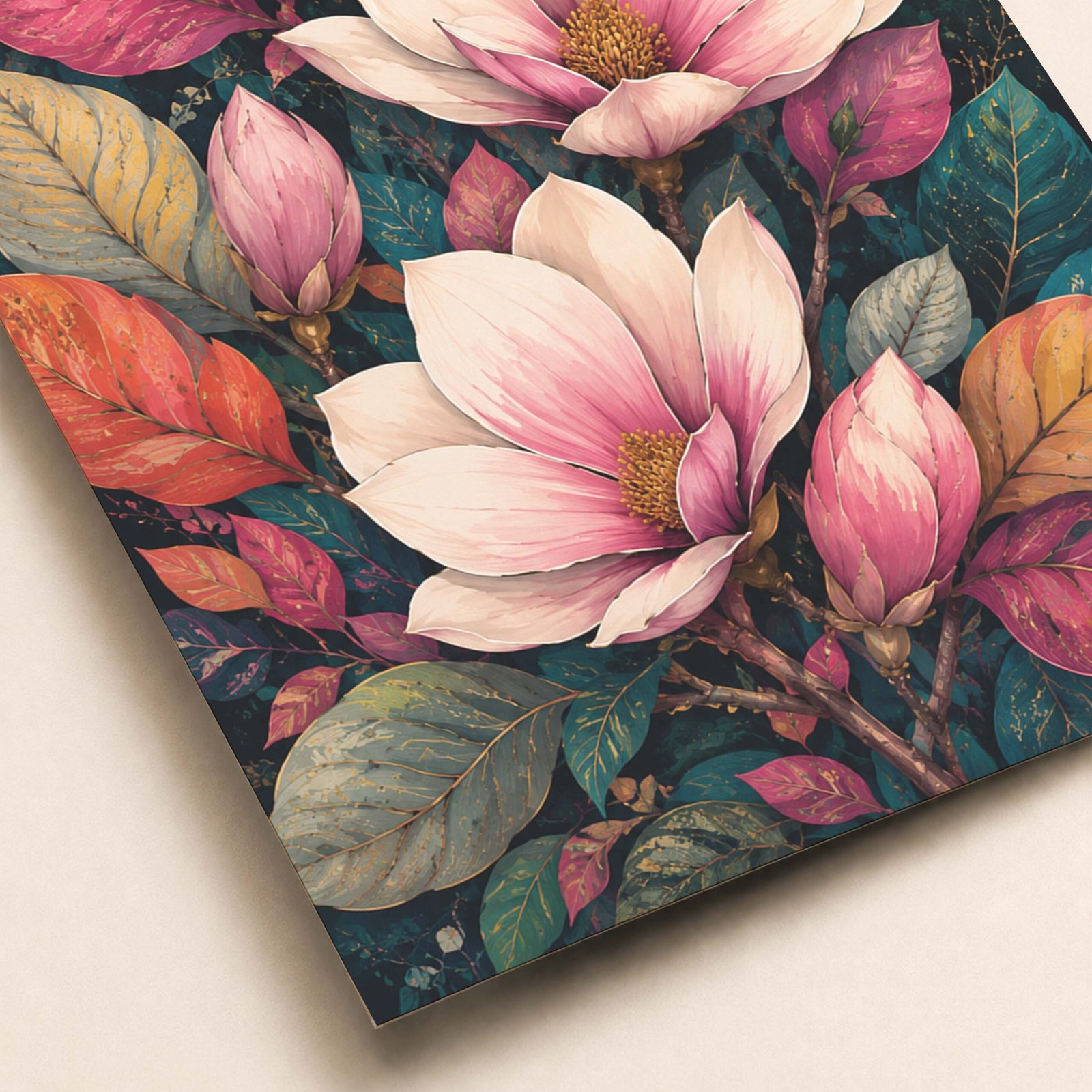 Détail des fleurs de magnolia roses et du feuillage décoratif