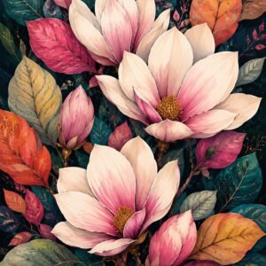 Affiche botanique avec grandes fleurs de magnolia roses et feuillage coloré sur fond sombre