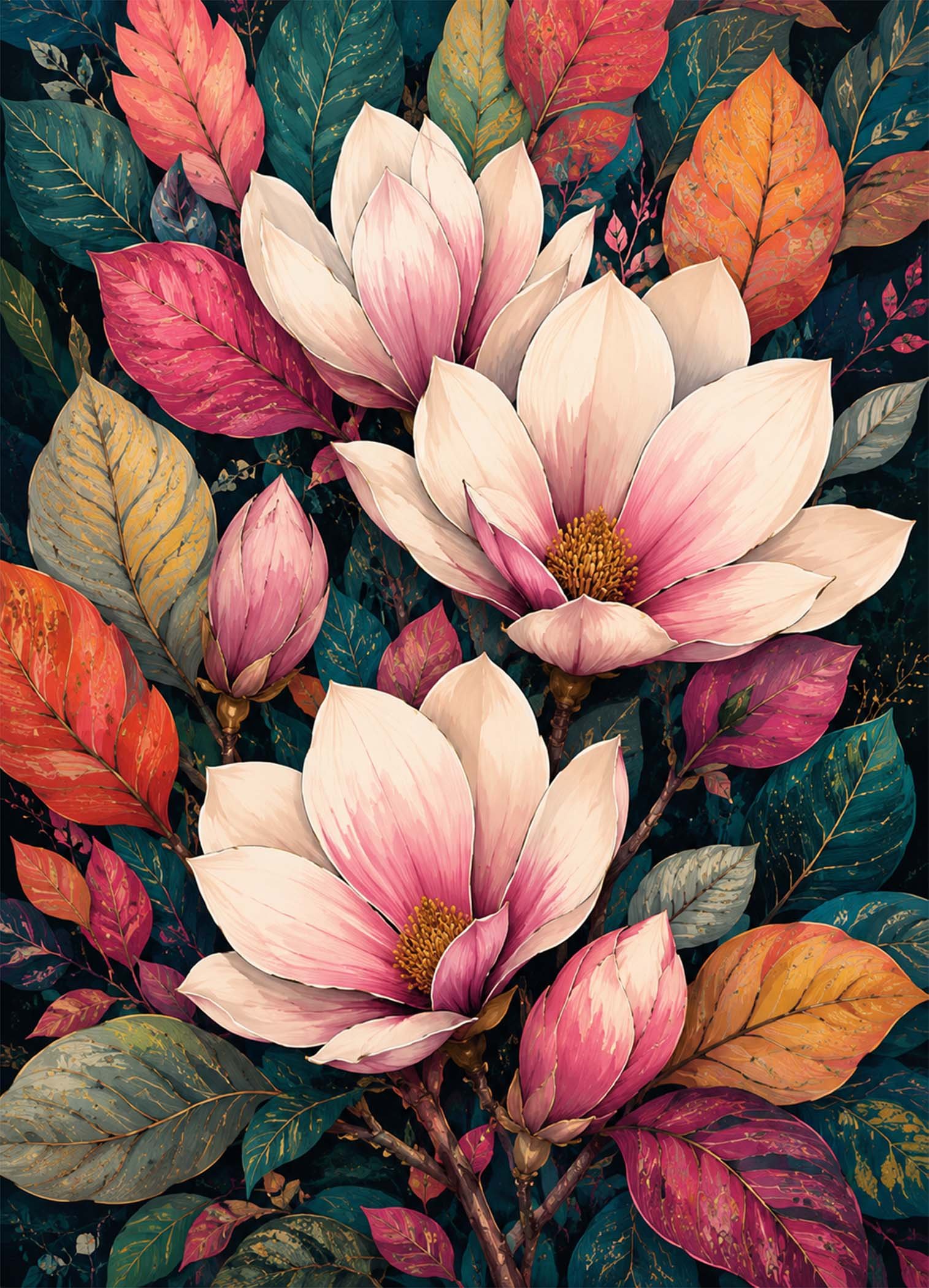 Affiche botanique avec grandes fleurs de magnolia roses et feuillage coloré sur fond sombre