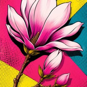 Affiche florale pop art avec magnolia rose et fond coloré