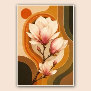 Illustration florale de magnolia avec formes abstraites rétro et couleurs chaudes