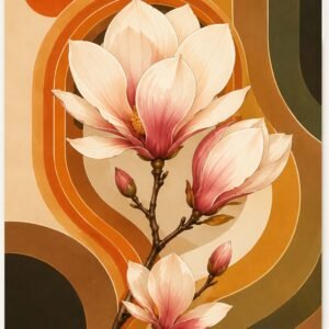 Affiche botanique avec fleur de magnolia sur fond graphique orange, beige et vert olive