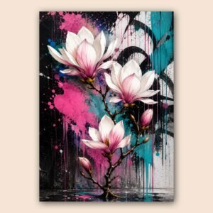 Magnolia rose et blanc sur fond street art coloré