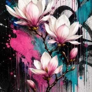 Affiche florale avec magnolia rose sur fond graffiti noir, rose et turquoise