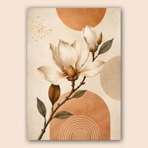 Illustration de magnolia avec fond terracotta et formes arrondies