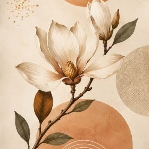 Affiche botanique avec fleur de magnolia sur fond terracotta et beige