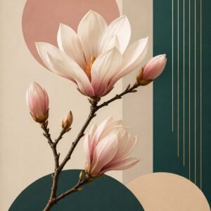 Affiche florale avec magnolia rose poudré sur fond vert profond et beige