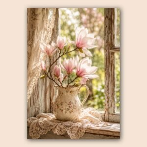 Composition florale romantique avec magnolias roses et pichet ancien